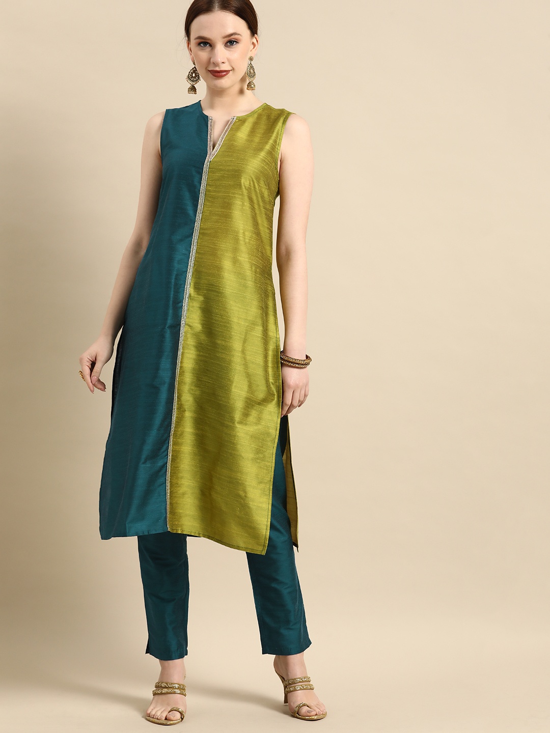 

all about you Women Olive Green Colourblocked Sleevless Kurta with Trousers