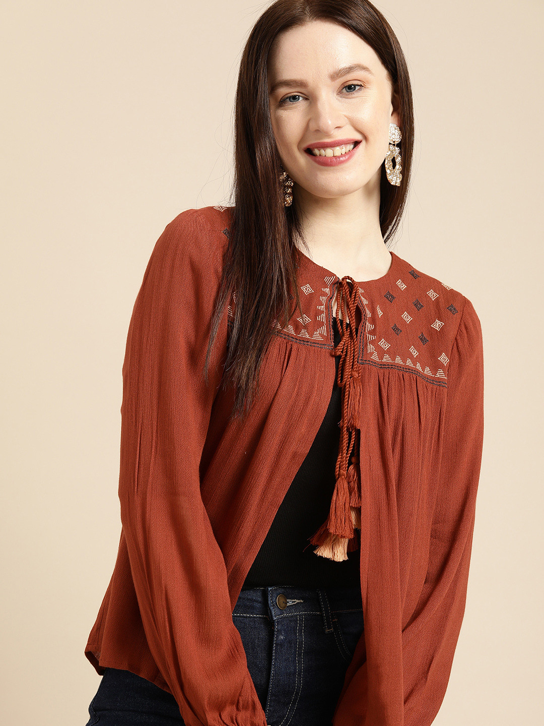 

all about you Women Rust Orange Embroidered Tie-Up Shrug