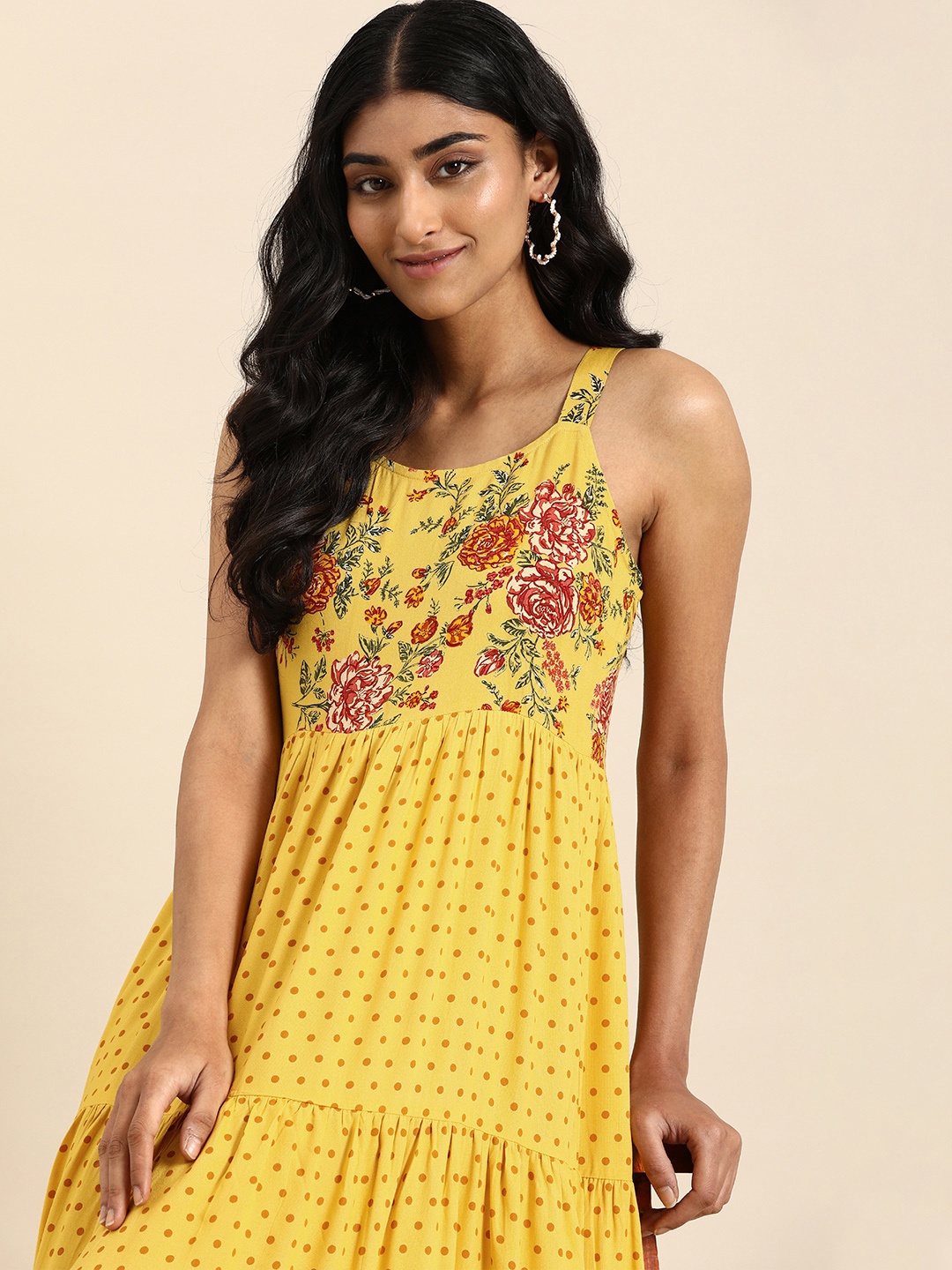 

all about you Yellow Polka Dots & Floral Print Shoulder Straps Ruffles Tiered Maxi Dress