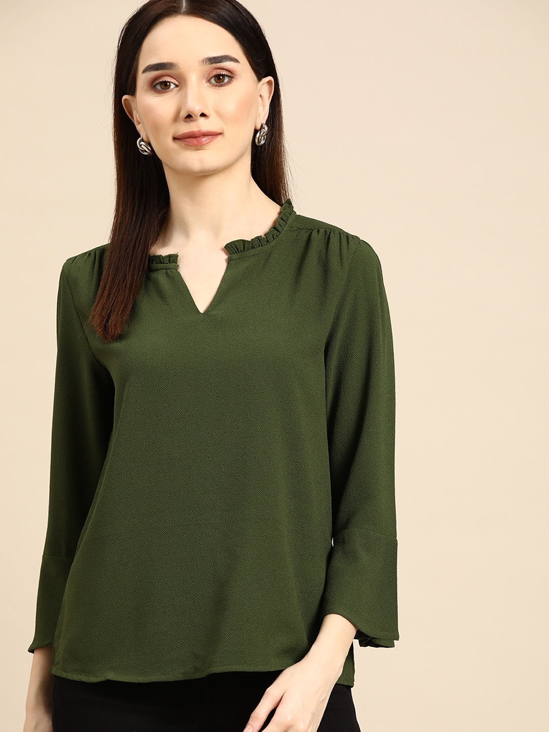 

all about you Olive Green Mandarin Collar Top