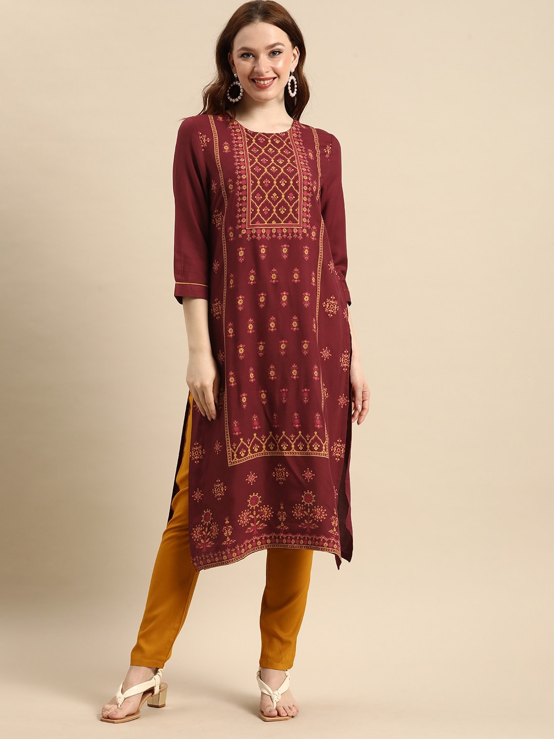 

all about you Women Maroon Ethnic Motifs Printed Kurta