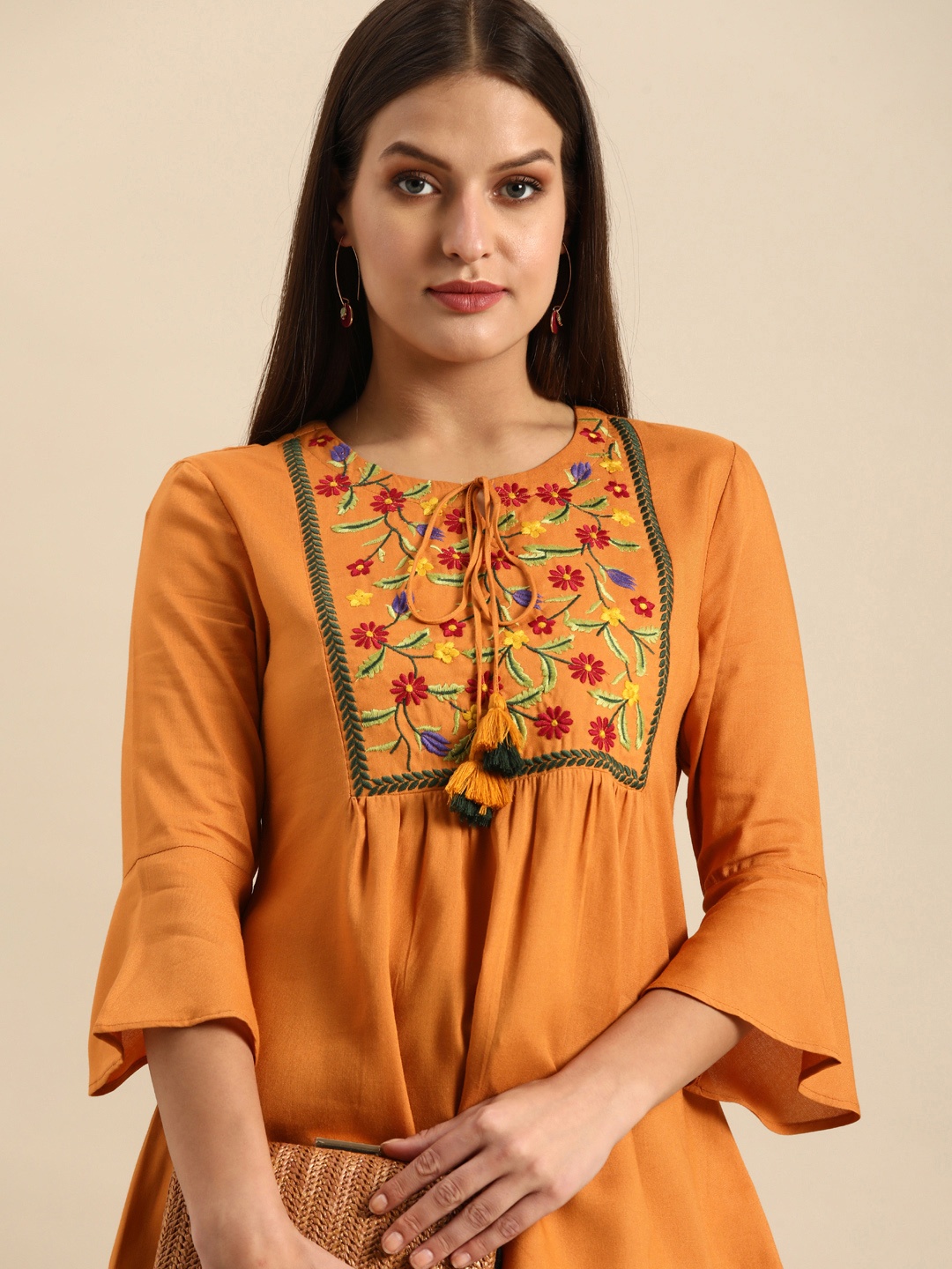 

all about you Orange & Red Floral Embroidered Bell Sleeves A-lIneTop