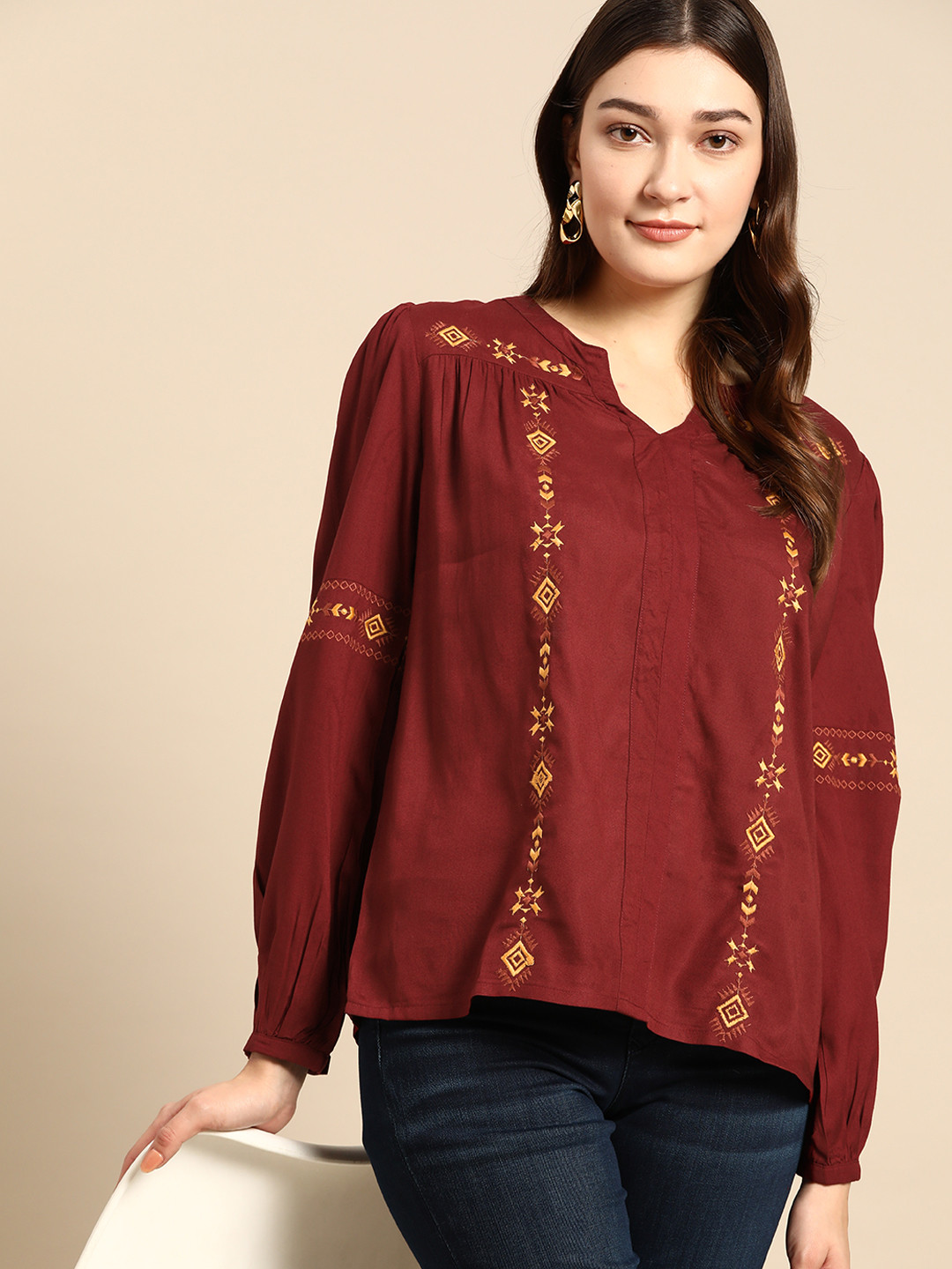 

all about you Geometric Embroidered Top, Maroon