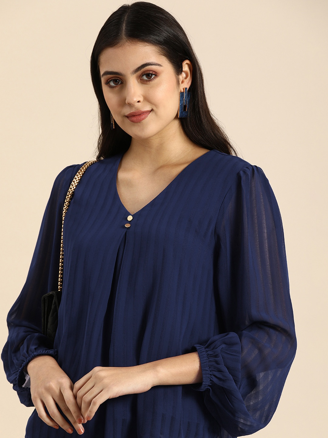 

all about you Women Navy Blue Striped V Neck Striped Top