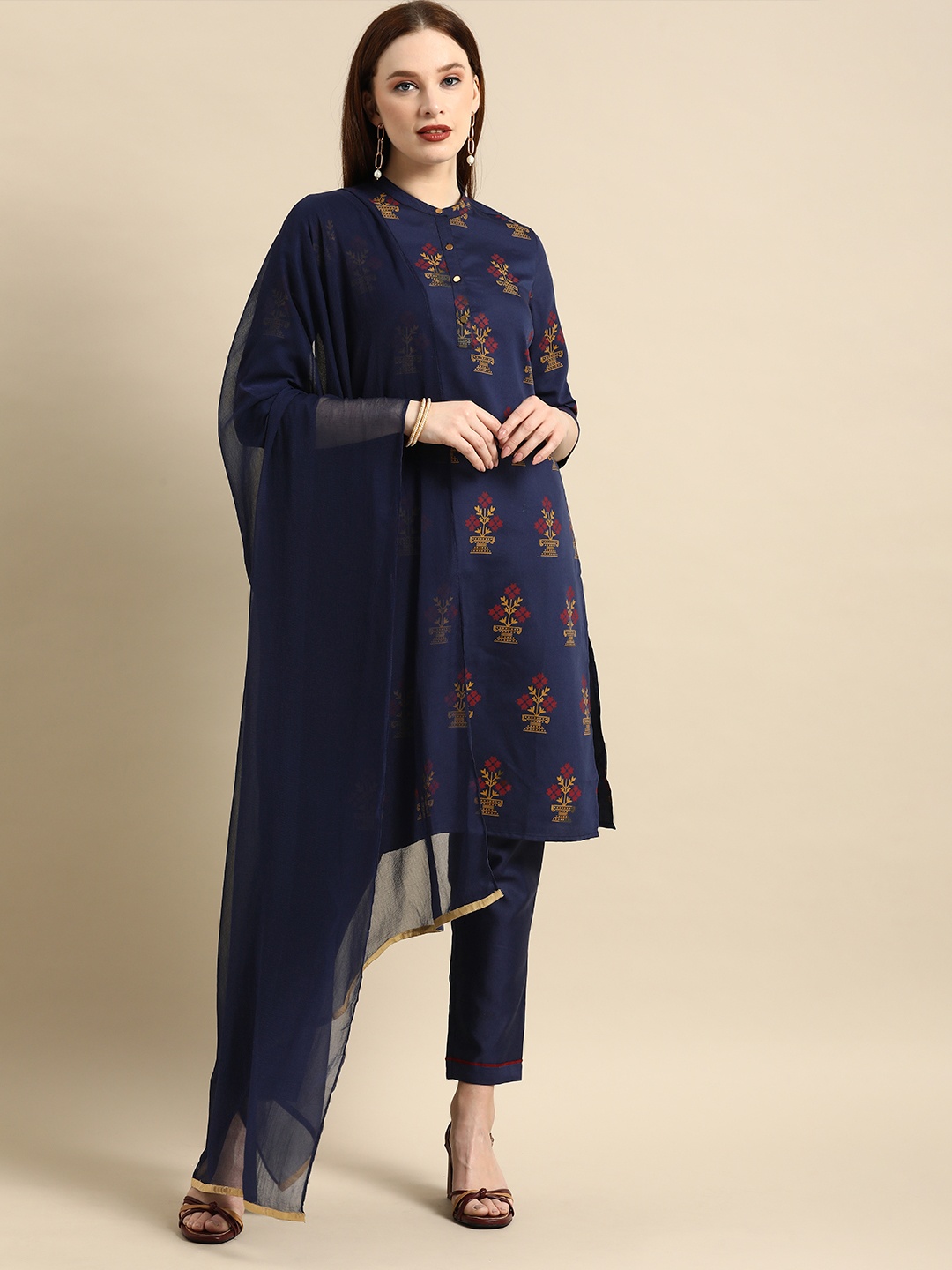 

all about you Women Navy Blue Ethnic Motifs Printed Kurta with Trousers & With Dupatta