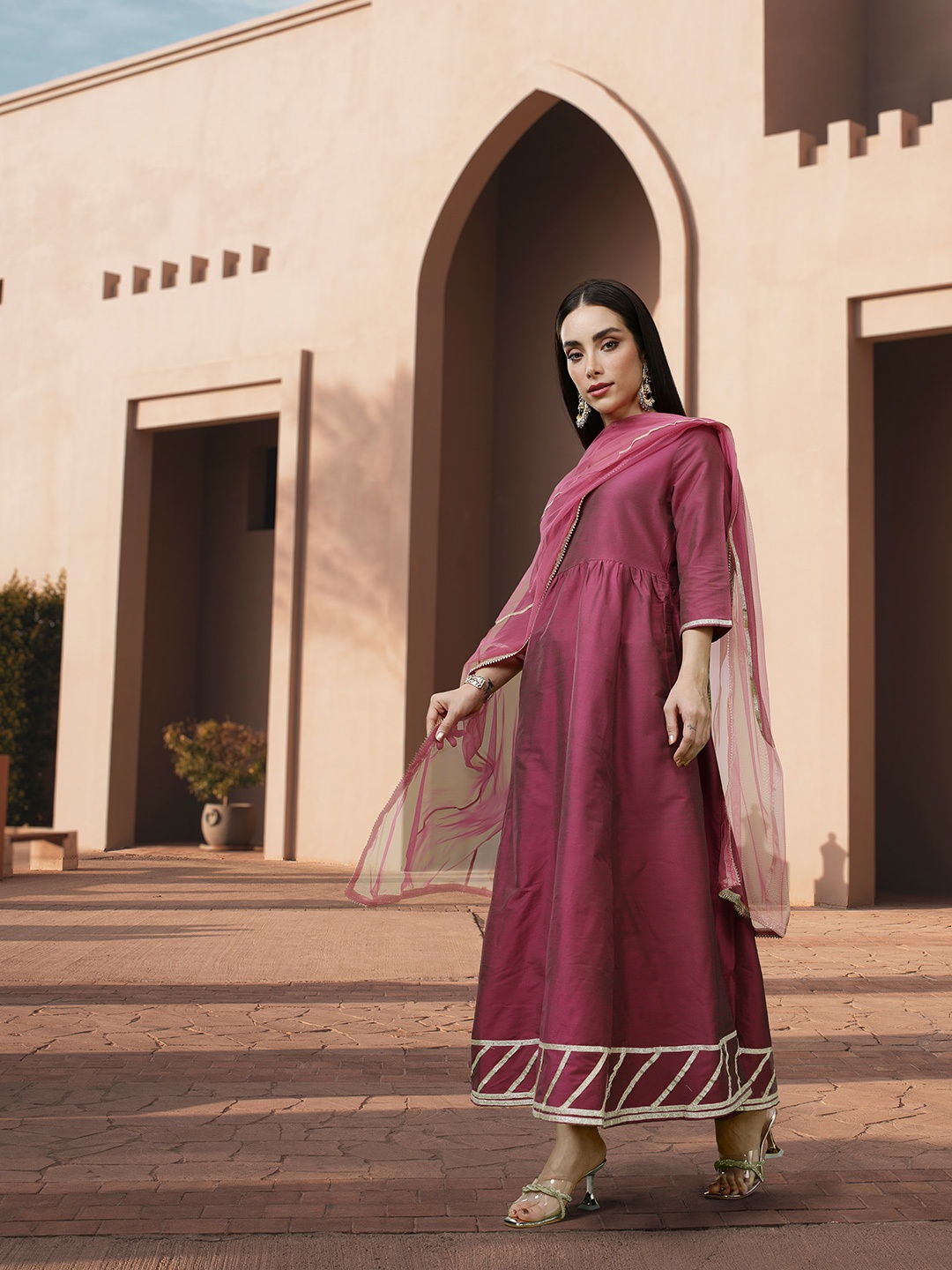 

all about you V-Neck Gotta Patti Detail Anarkali Kurta With Trousers, Burgundy