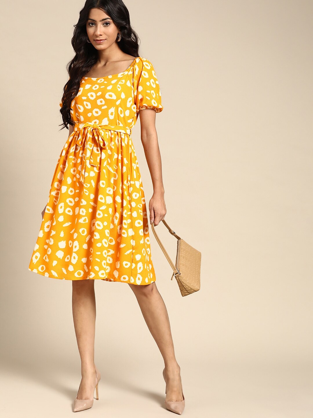 

all about you Yellow & White Animal Print A-Line Midi Dress