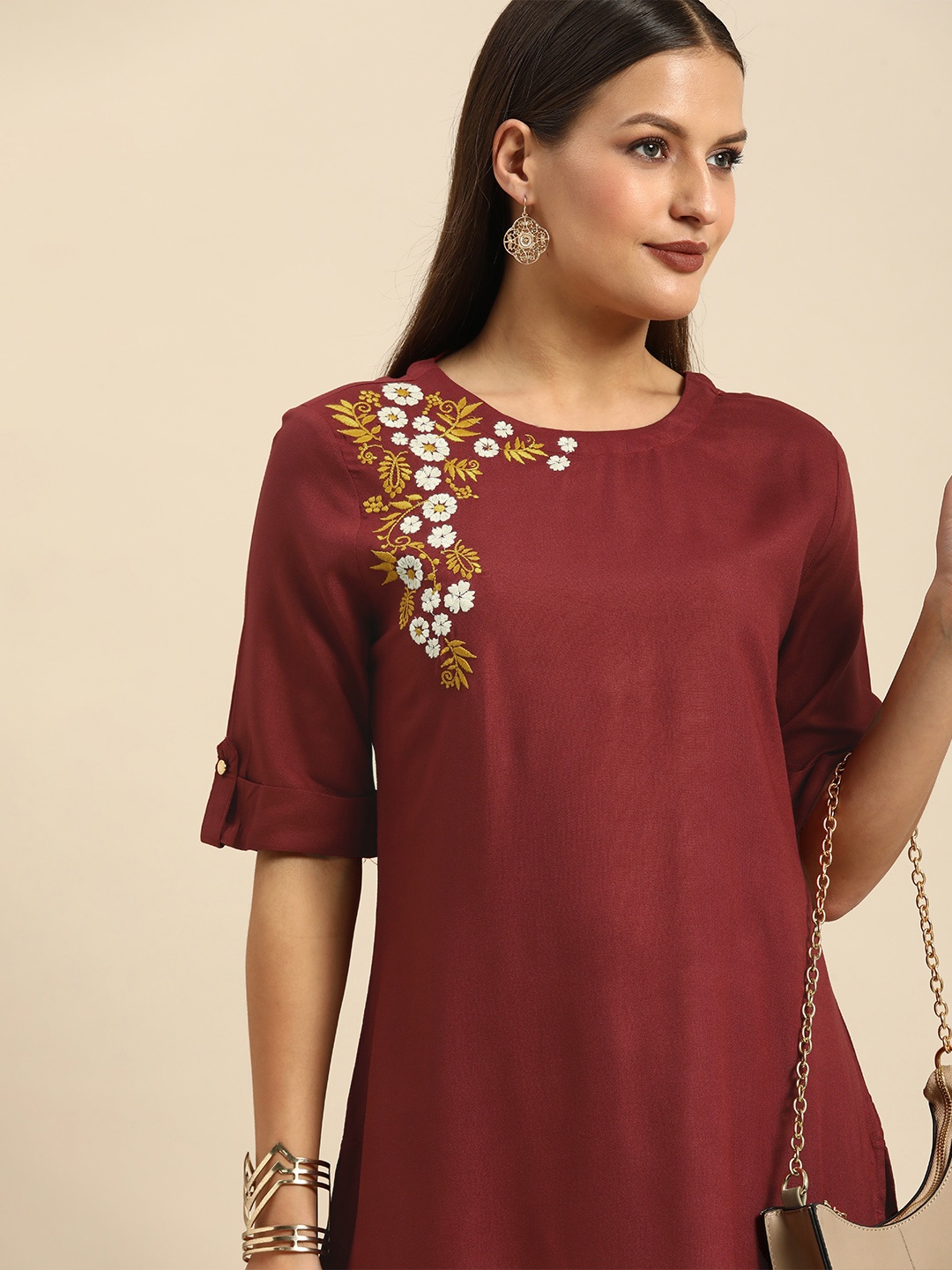 

all about you Women Maroon Thread Work Floral Kurta