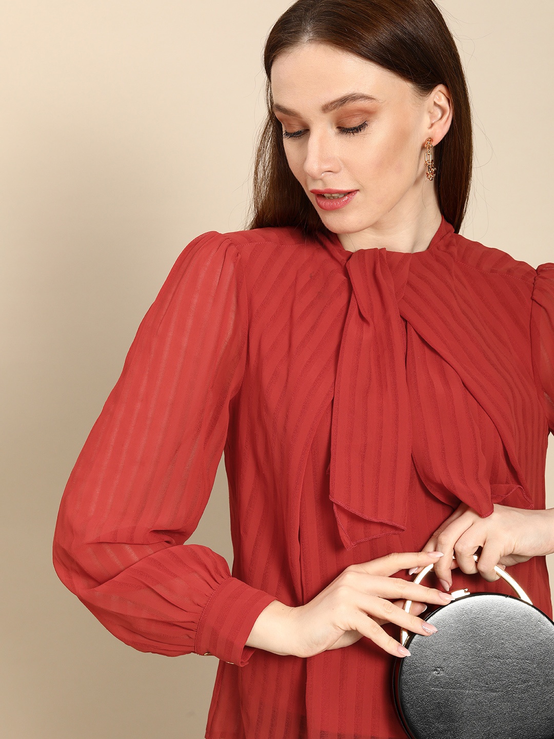 

all about you Rust Red Self Design Tie-Up Neck Blouson Top