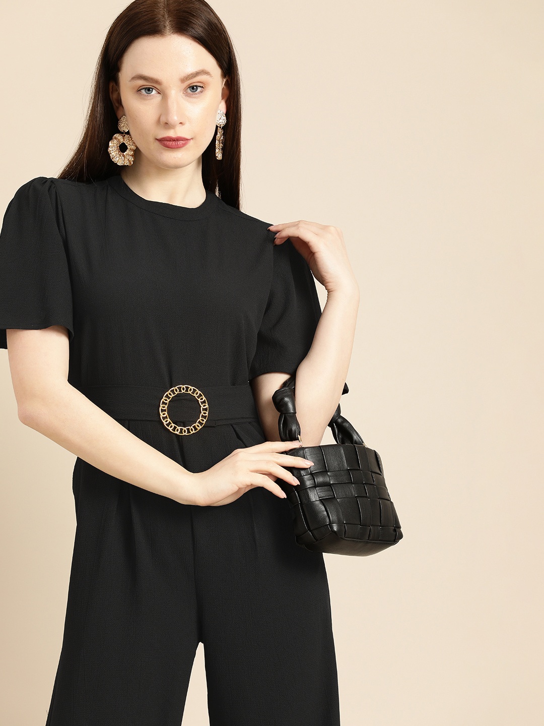 

all about you Black Solid Culotte Jumpsuit With A Belt