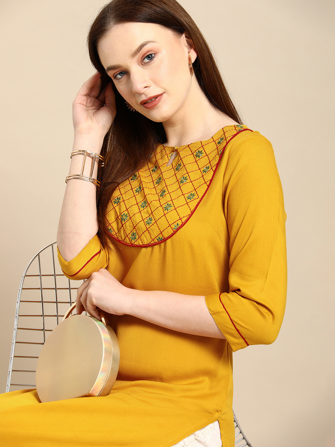 

all about you Women Mustard Yellow Ethnic Motifs Yoke Design Keyhole Neck Straight Kurta
