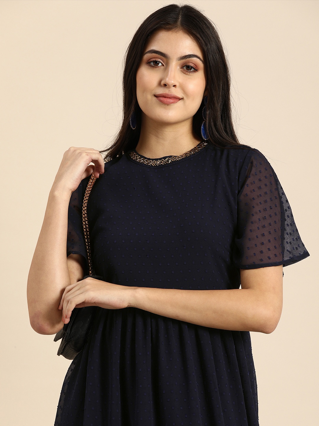 

all about you Women Navy Blue Dobby Detailed Fit And Flare Casual Maxi Dress