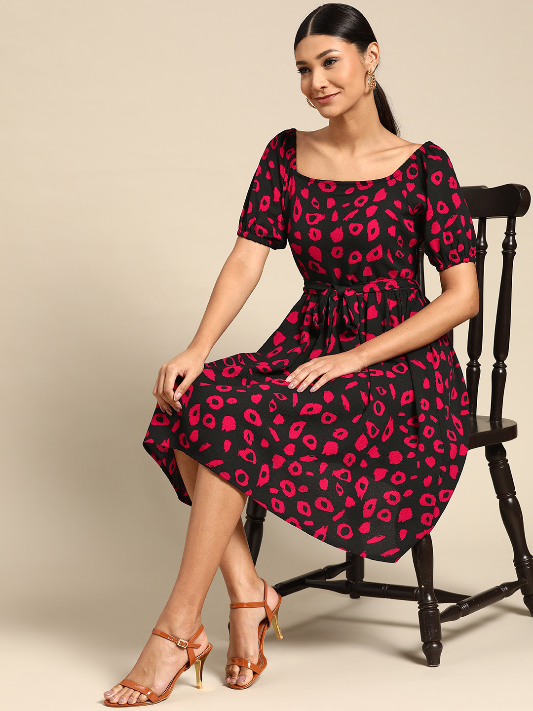 

all about you Black & Red Animal Print A-Line Midi Dress