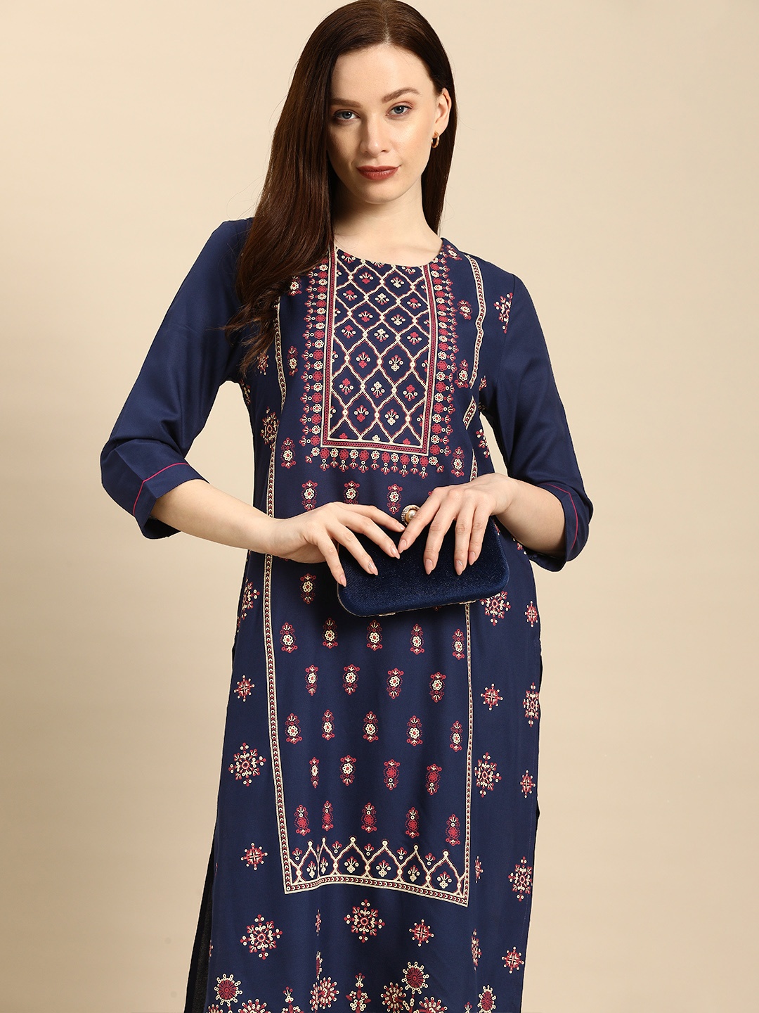 

all about you Women Navy Blue Ethnic Motifs Printed Straight Kurta