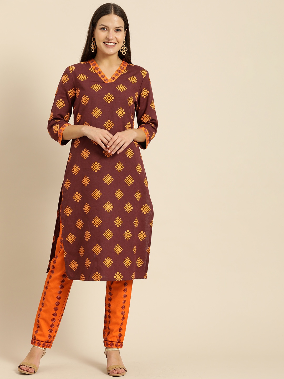 

all about you Women Maroon Ethnic Motifs Printed Kurta with Printed Trousers