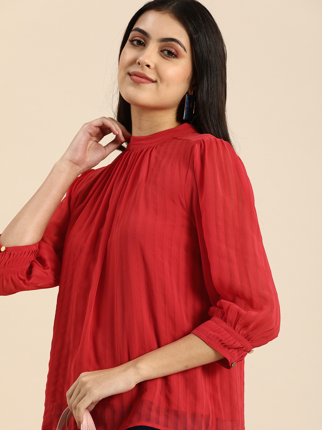 

all about you Women Coral Red Striped High Neck Puff Sleeves Top