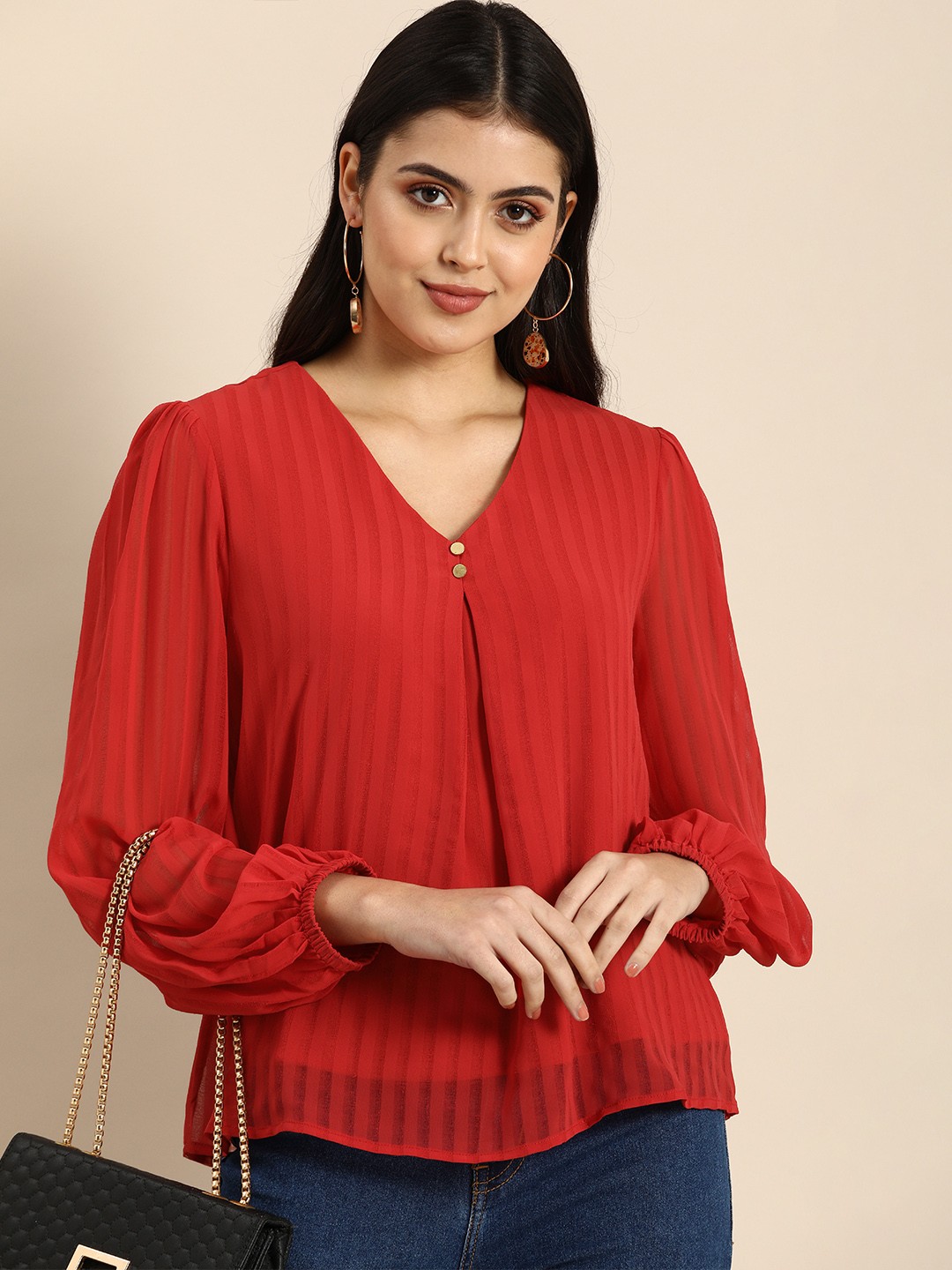 

all about you Women Coral Red V Neck Striped Top