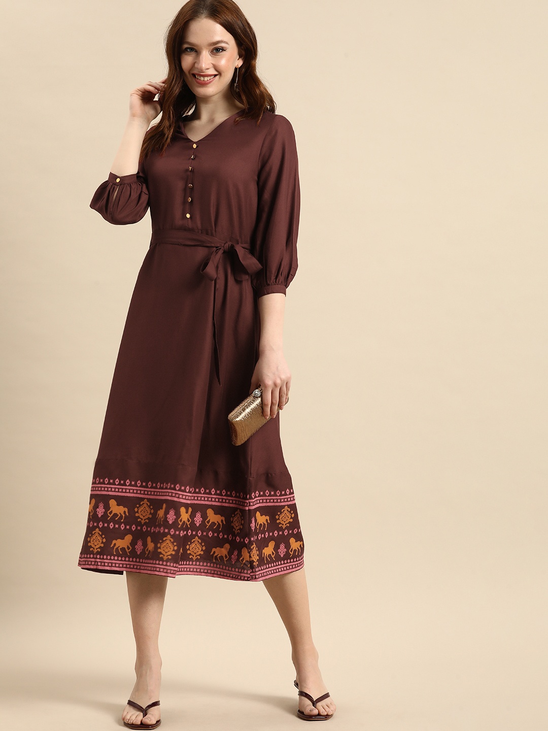 

all about you Brown & Multicoloured Ethnic Motifs Print A-Line Maxi Dress