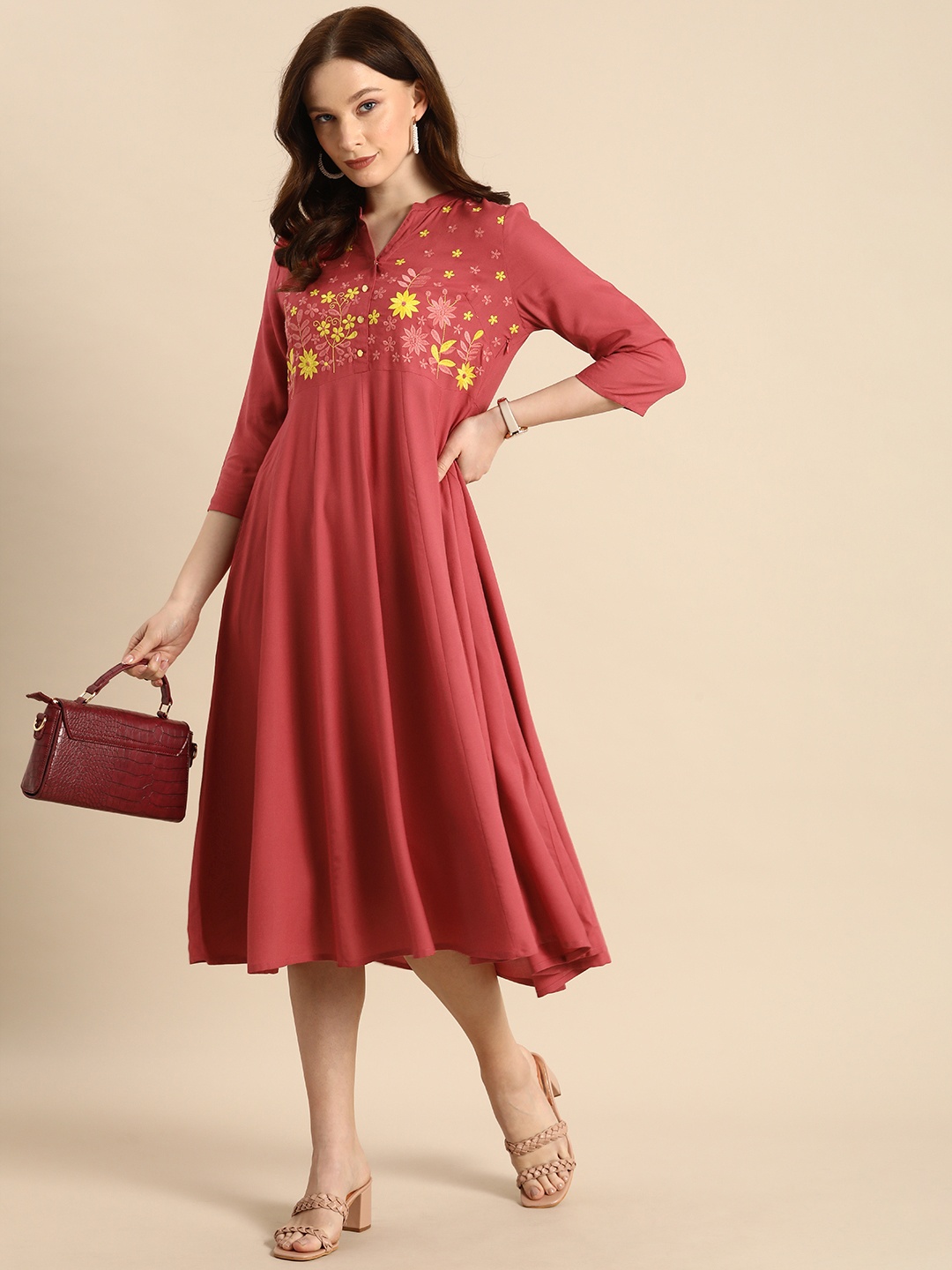 

all about you Peach-Coloured & Yellow Floral Embroidered A-Line Midi Dress