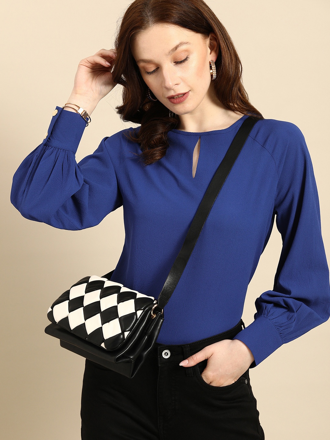 

all about you Blue Solid Round Neck Cuffed Sleeves Cut Out Seersucker Polyester Top