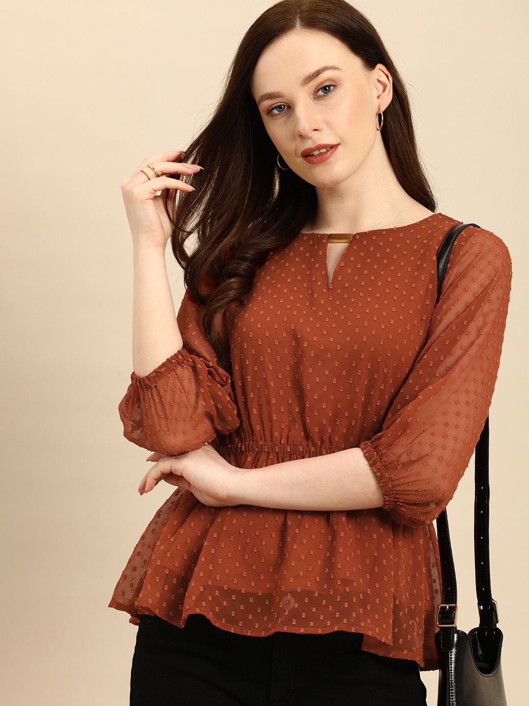 

all about you Rust Orange Self Design Keyhole Neck Peplum Top