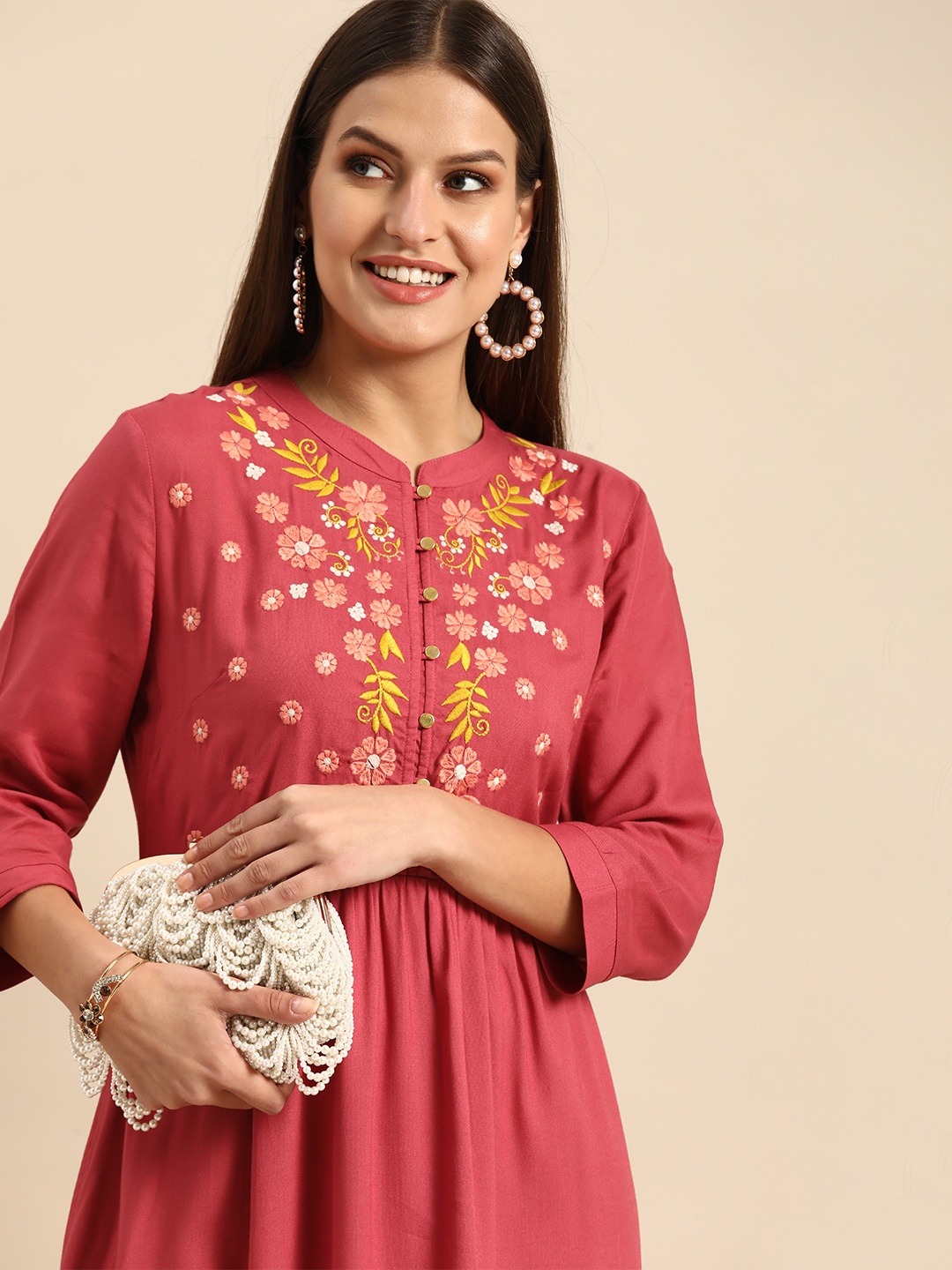 

all about you Pink Floral Embroidered A-Line Midi Dress