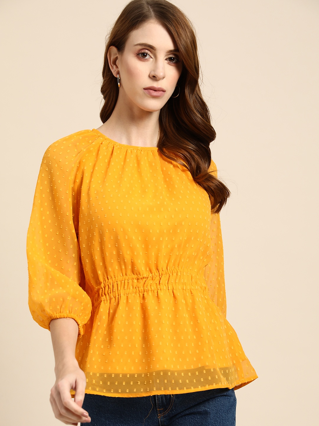 

all about you Women Mustard Yellow Dobby Weave A-line Top with Double Waistline Detail