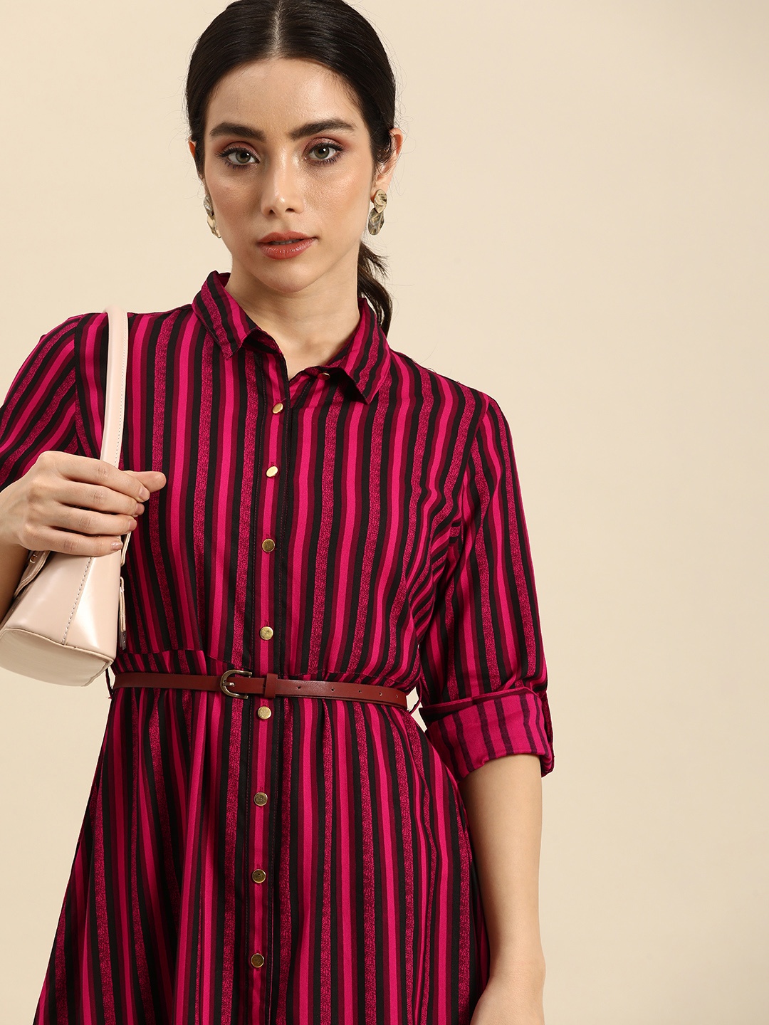 

all about you Striped Roll-Up Sleeves Belted Shirt Dress, Magenta