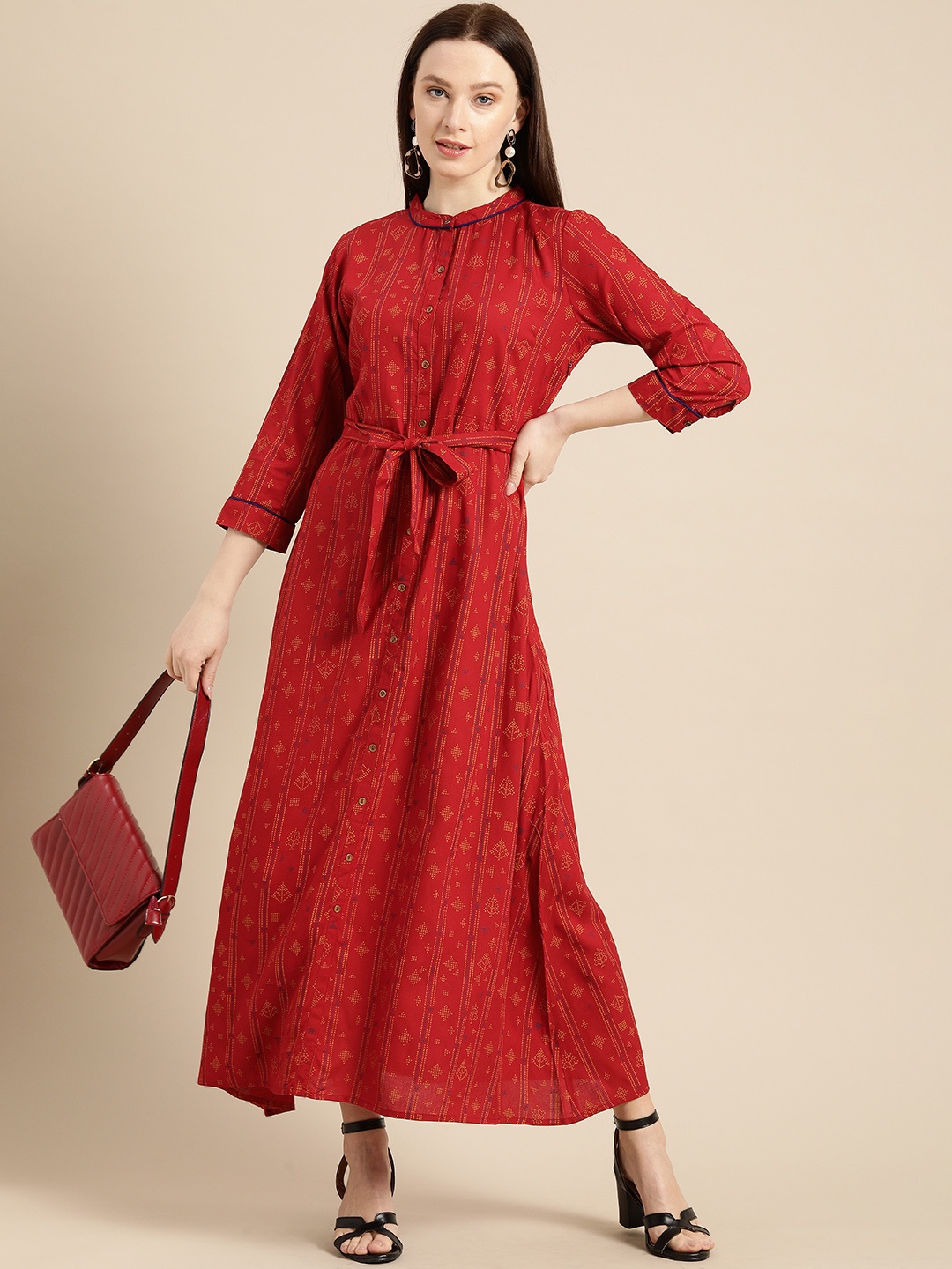 

all about you Red & Yellow Printed A-Line Midi Dress With Waist Tie-Up Detail