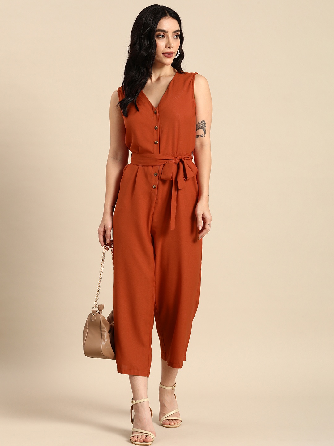 

all about you Rust Brown Solid Basic Jumpsuit with Waist Tie-Ups