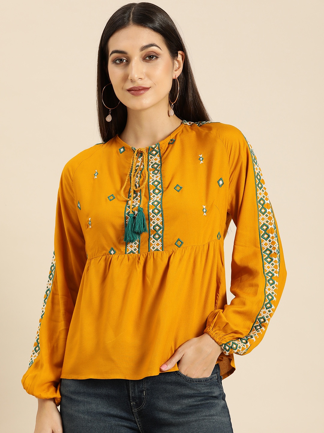 

all about you Mustard Yellow Geometric Embroidered Peplum Top With Long Puff Sleeves