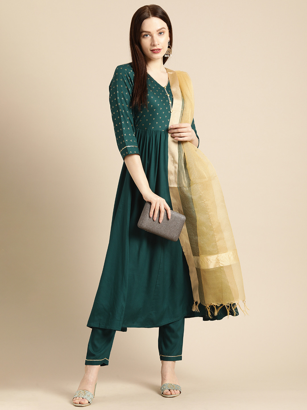 

all about you Women Dark Green Yoke Design Pleated Kurta with Trousers & Dupatta
