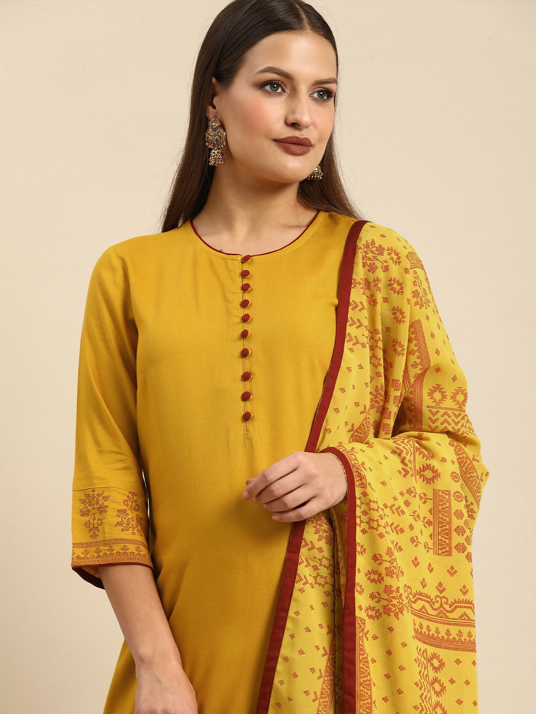 

all about you Women Mustard Yellow Kurta with Trousers & With Dupatta