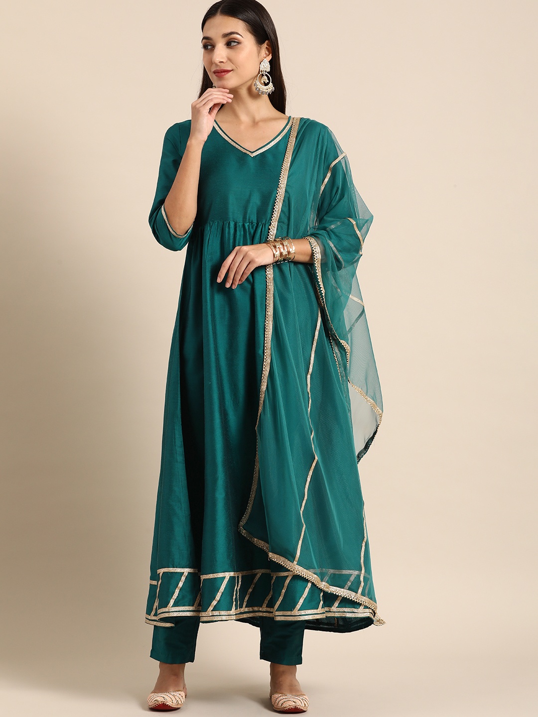 

all about you Women Teal Green Solid V-Neck Anarkali Kurta with Trousers & Dupatta