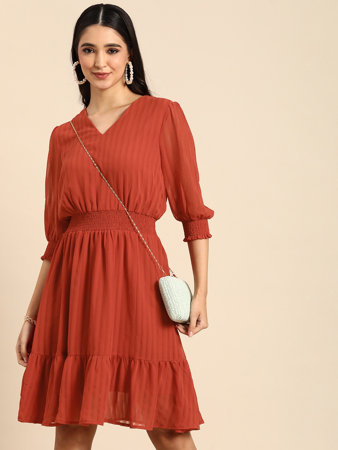 

all about you Women Rust Self-Design Striped Fit & Flare Dress
