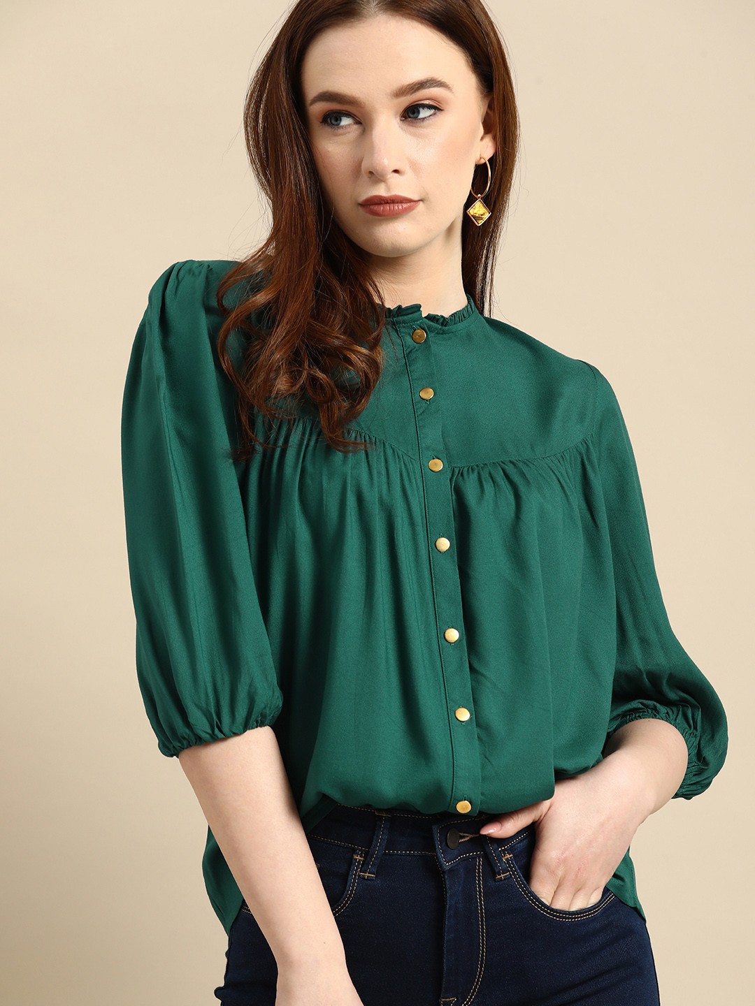 

all about you Green Solid Bishop Sleeves Shirt Style Top