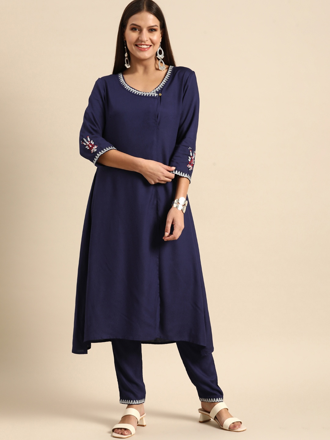 

all about you Women Navy Blue Embroidered Kurta with Trousers