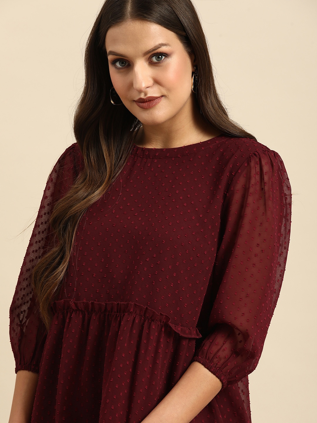 

all about you Maroon Print Boat Neck Peplum Top