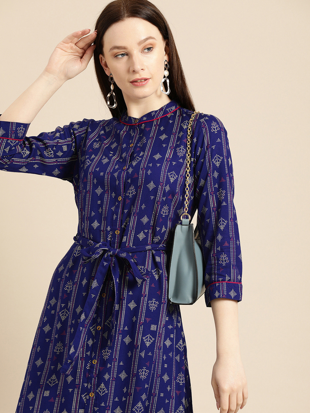 

all about you Blue & White Printed A-Line Midi Dress With Waist teip Up Detail