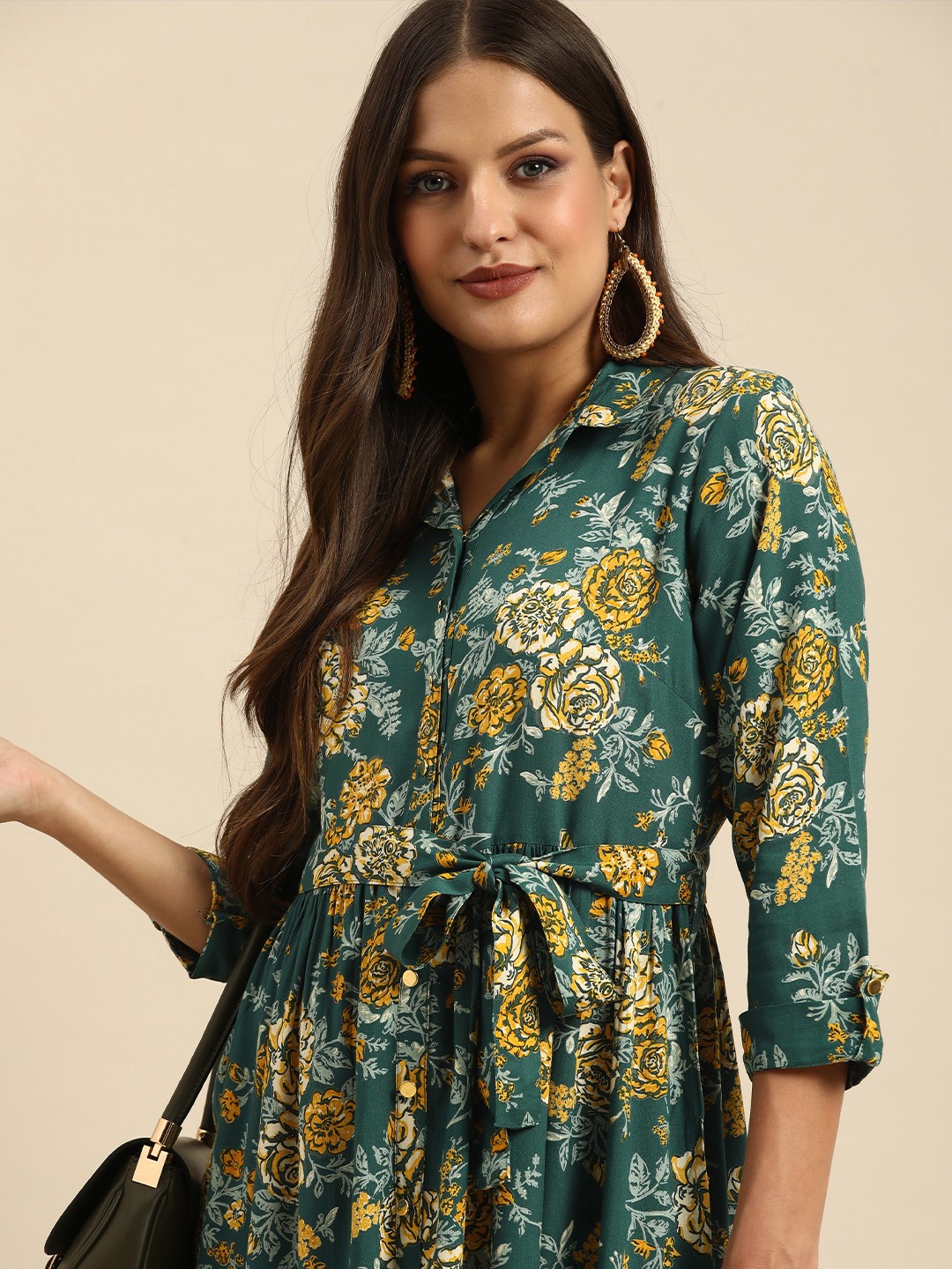 

all about you Teal Blue & Mustard Yellow Tropical Shirt Tiered Midi Dress With A Belt