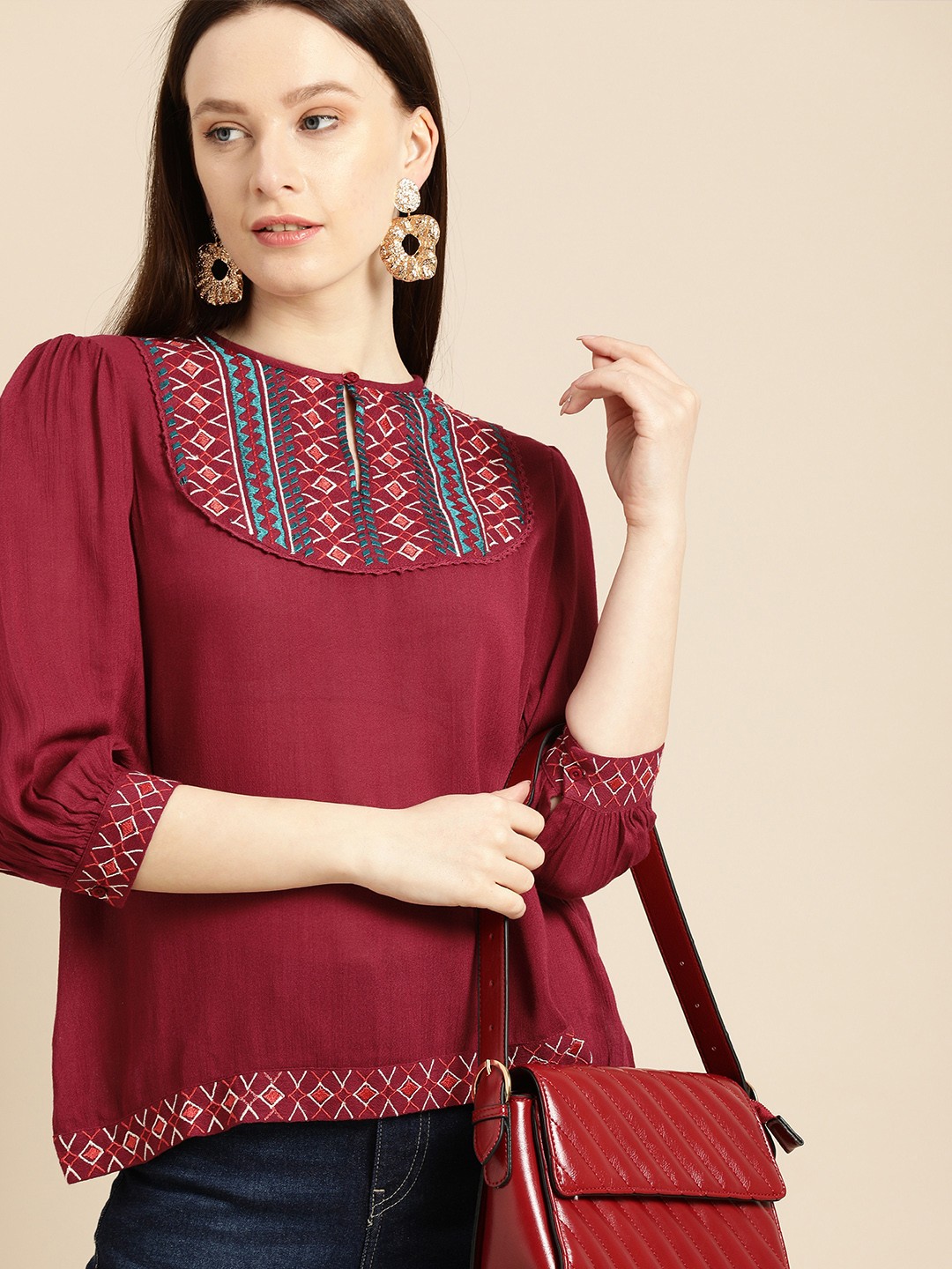 

all about you Maroon Embroidered Top