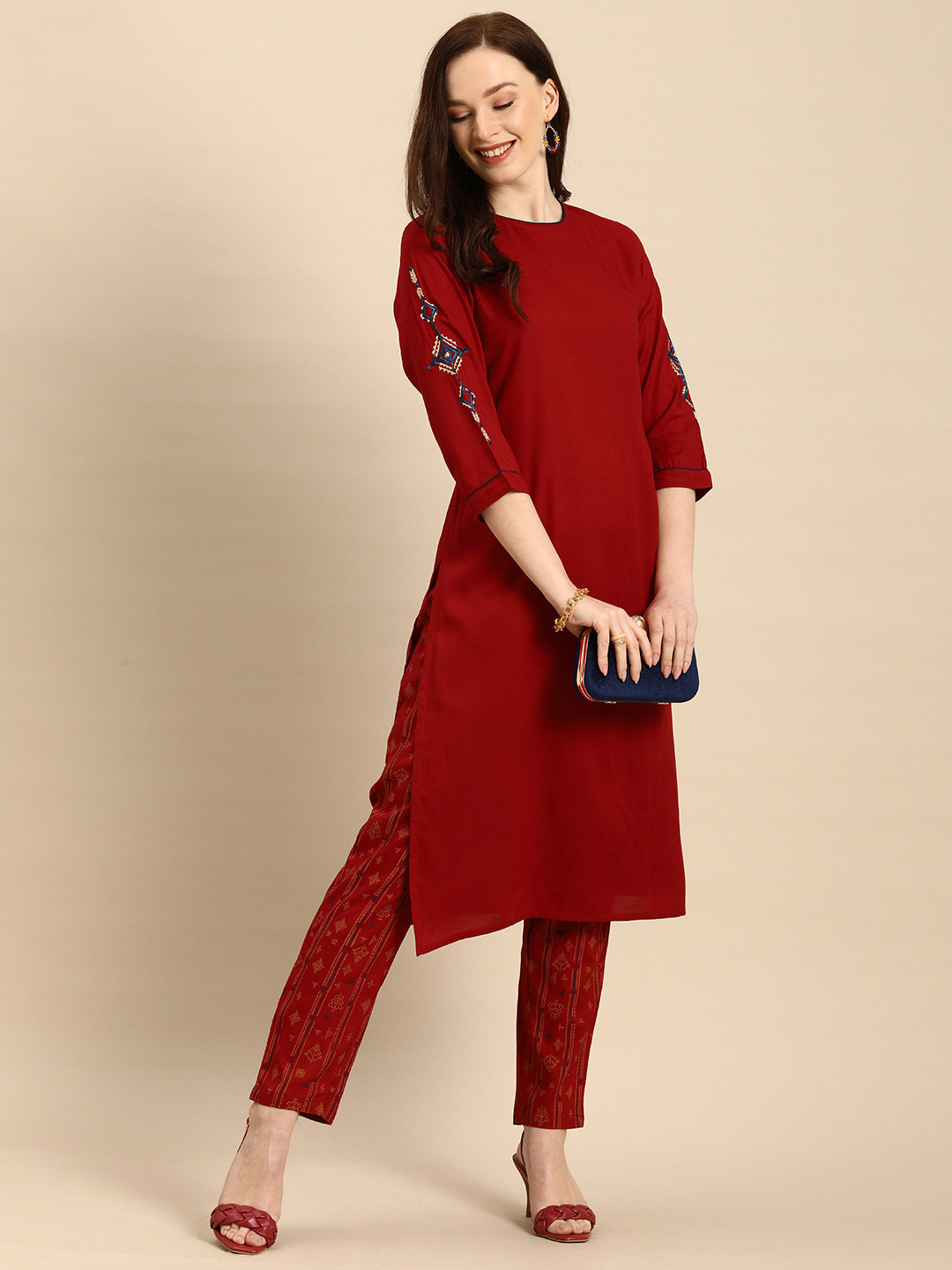 

all about you Women Red Solid Kurta with Trousers