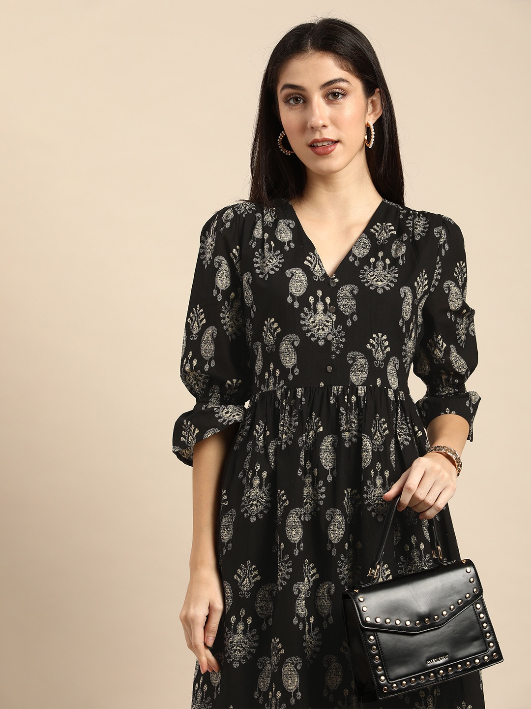 

all about you Black Paisley Print Ethnic Style Fit & Flare Dress