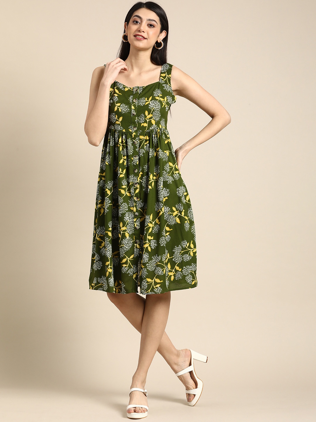 

all about you Tropical Printed Sleeveless Fit And Flare Ethnic Dress, Olive