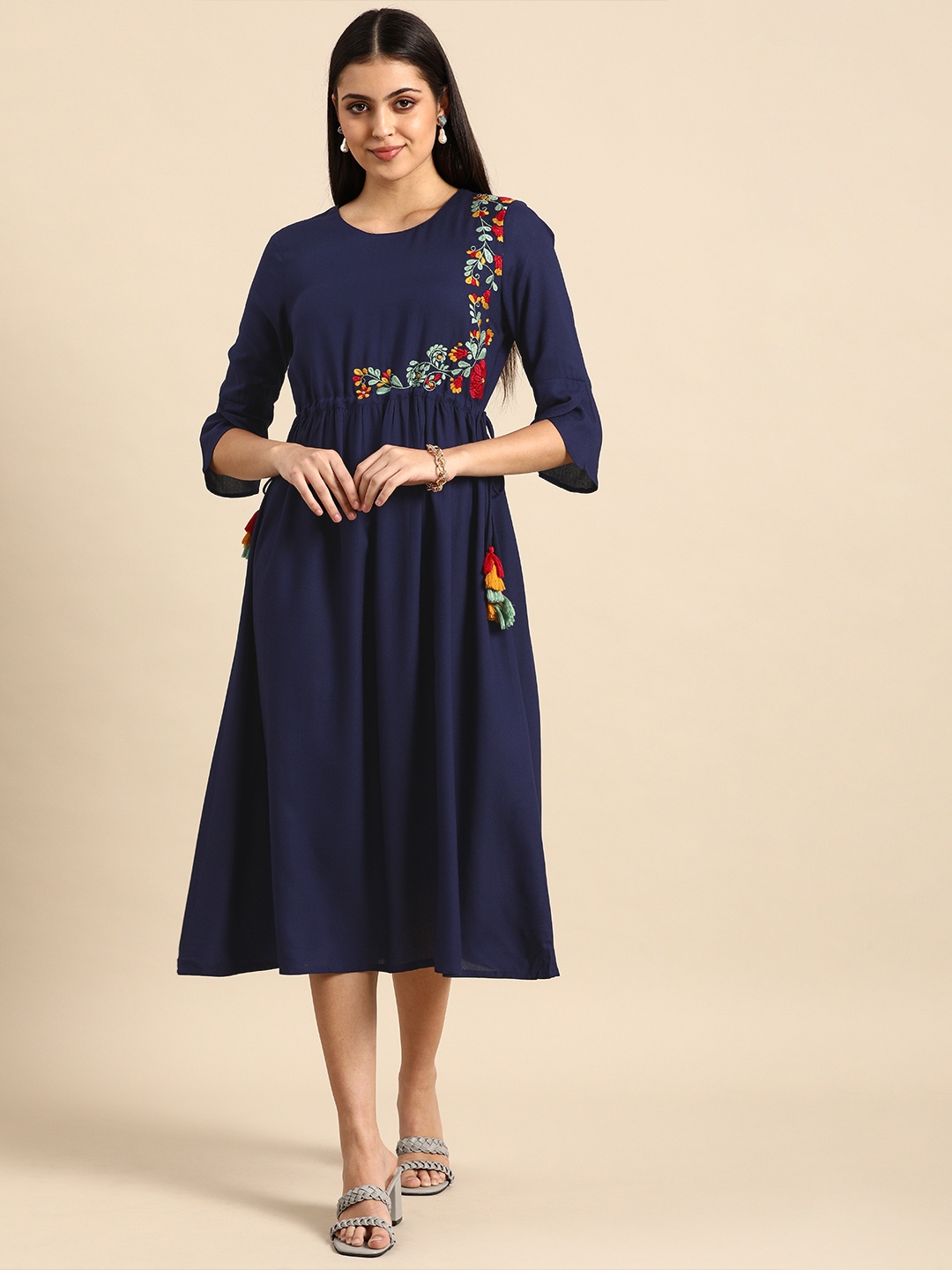 

all about you Navy Blue Floral Embroidered A-Line Midi Dress