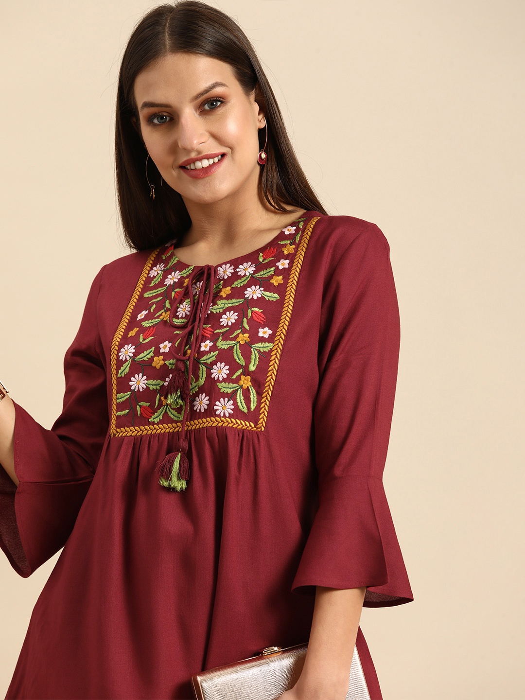 

all about you Red & White Floral Embroidered Round Neck Bell Sleeves Top