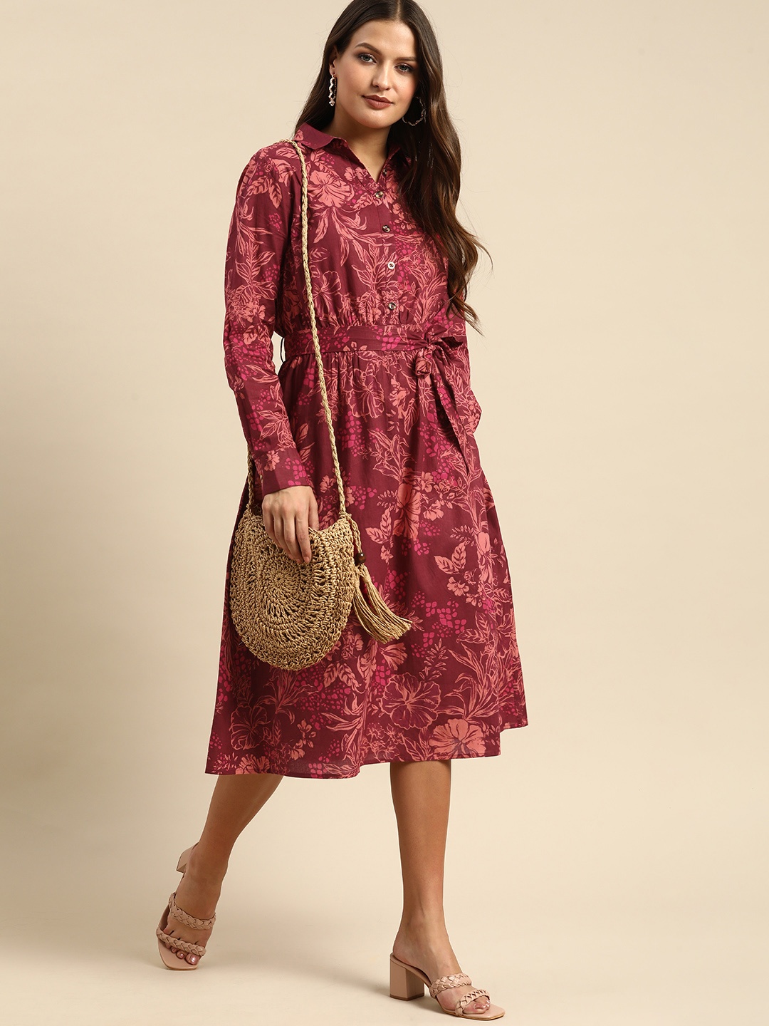 

all about you Maroon Tropical Printed Shirt Dress With A Belt