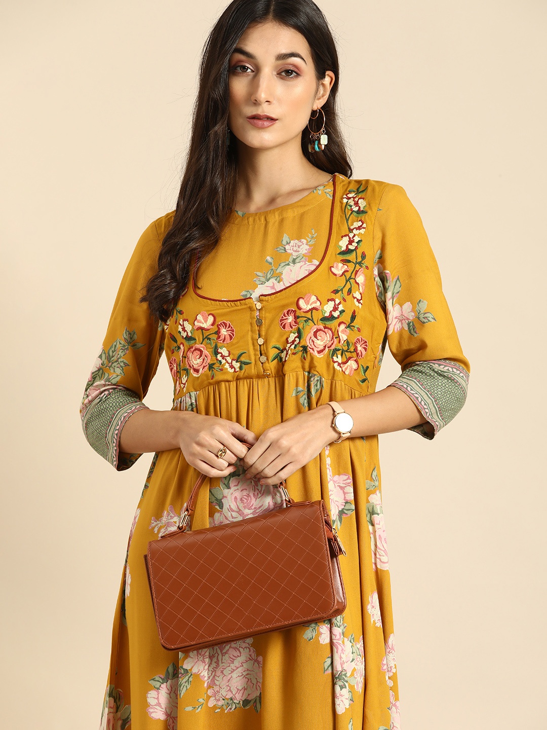 

all about you Women Mustard Yellow & Pink Floral Printed Maxi Dress