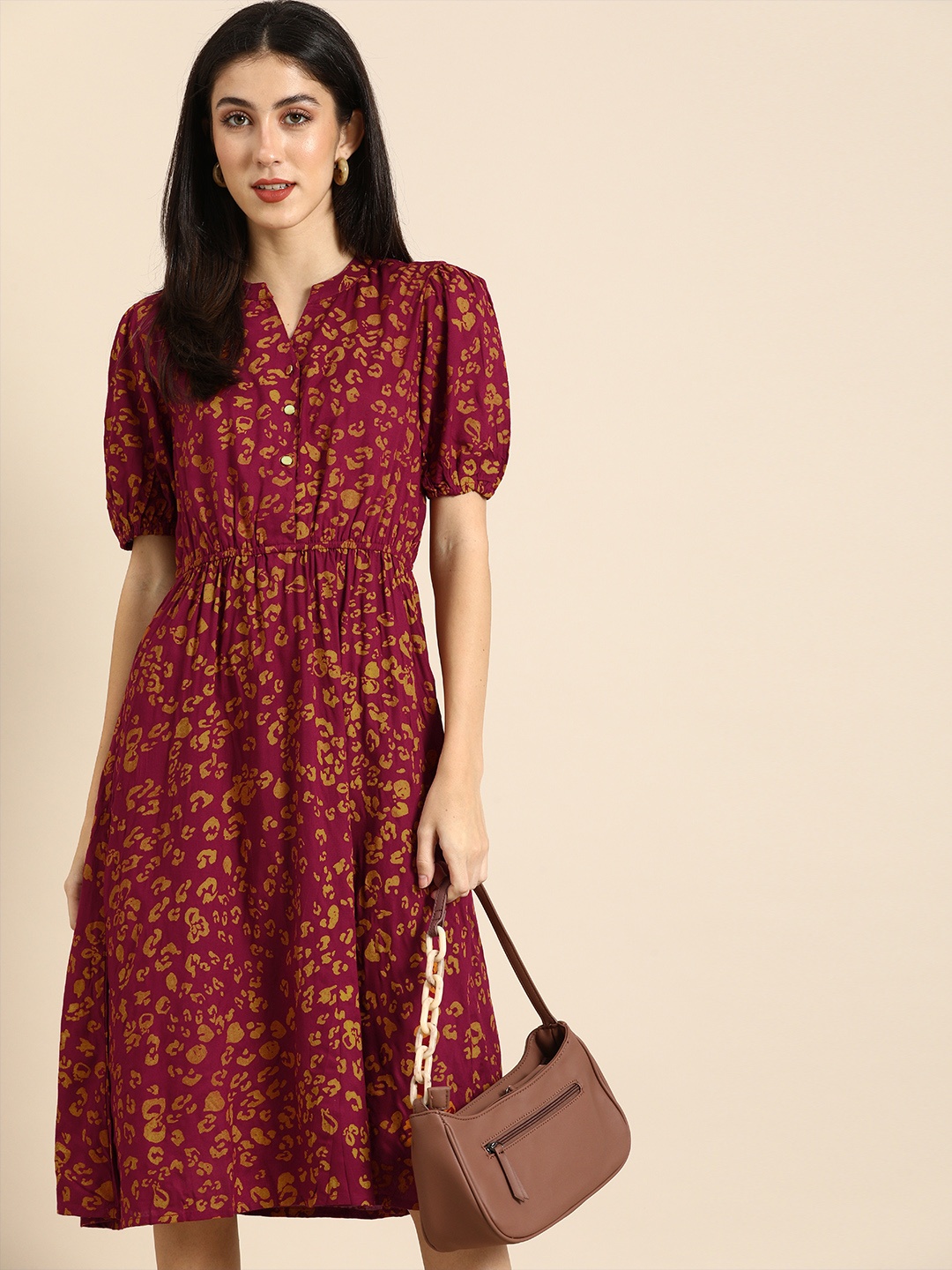 all about you Women Maroon Printed Fit & Flare Dress
