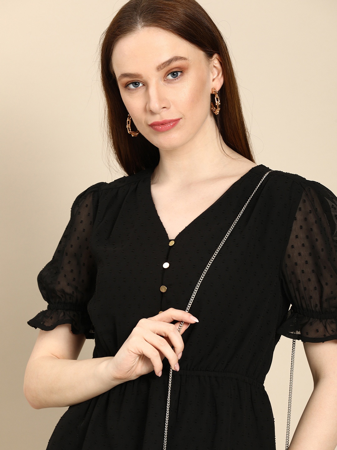 

all about you Black Self Design V-Neck Peplum Top